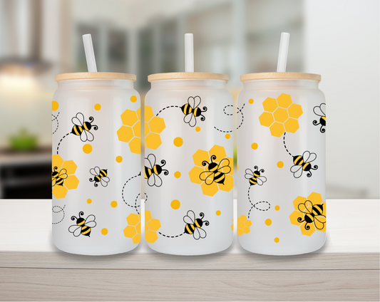 Honeycomb Bee 16oz Glass Can Cup